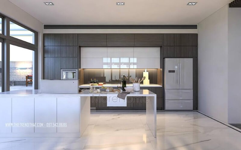 Tủ bếp đẹp, sang trọng từ gỗ công nghiệp An Cường cùng đá ốp nhân tạo cao cấp đã tạo nên vẻ đẹp hiện đại, độc đáo cho phòng bếp. Thiết kế tủ bếp biệt thự sang trọng
