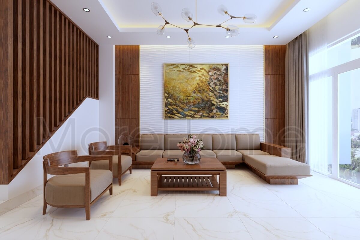 Thiết kế nhà phố với nội thất gỗ tự nhiên cao cấp cho phòng khách trở lên sang trọng và gần gũi với thiên nhiên